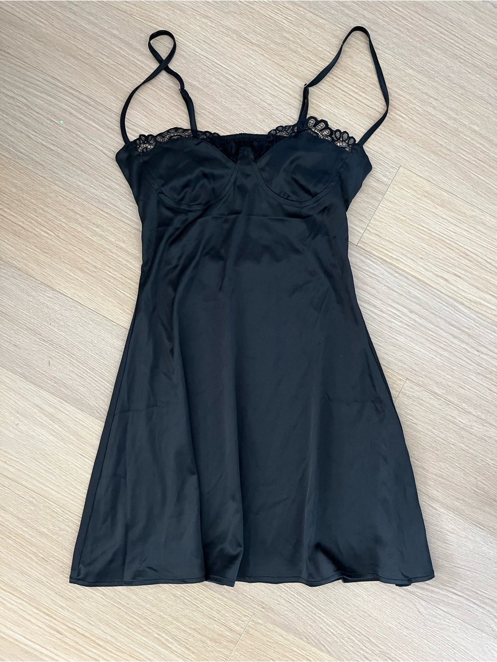 Black Satin Lace-Trim Slip Dress